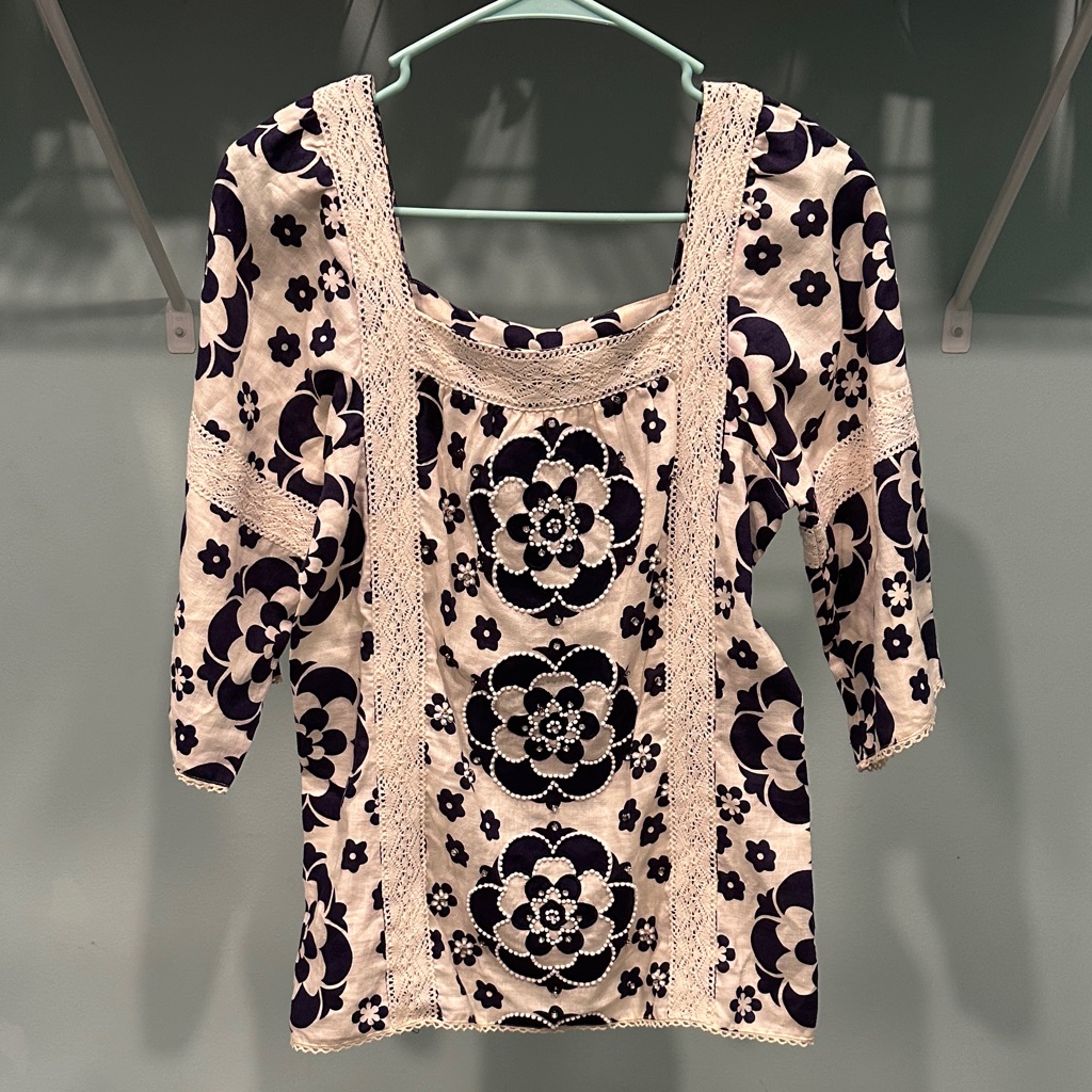 Tory Burch Cream And Navy Beaded Floral Blouse